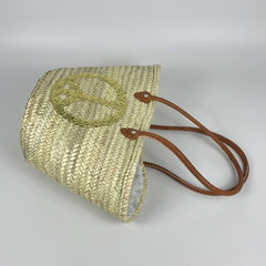 Sequin Peace Sign Straw Market Tote Bag Leather Handles