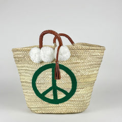Woven Straw Peace Sign Tote Bag Green Leather Handle
