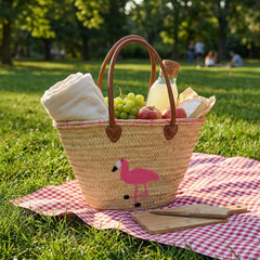 Flamingo Embroidered Straw Beach Bag - Handwoven Summer Tote