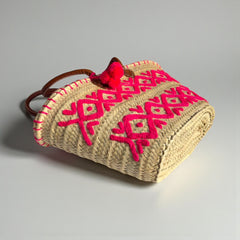 Handwoven Pink Arabesque Straw Tote Bag with Leather Handles & Pom Pom | Bohemian Beach Market Bag