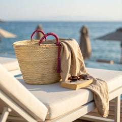 Woven Palm Leaf Market Basket Leather Handles Tassel