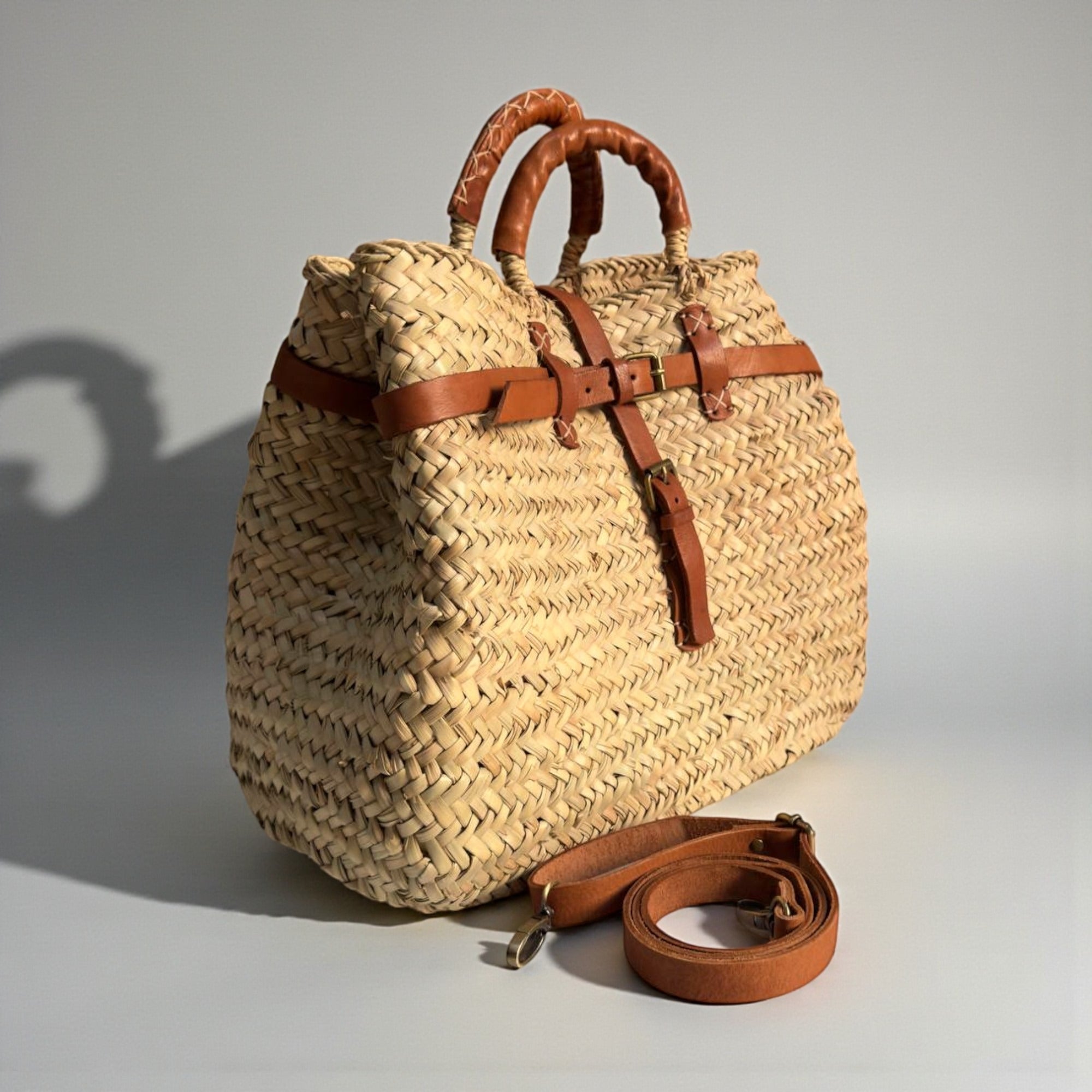Woven Straw Market Basket Bag Leather Crossbody Tote