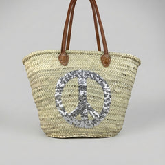 Sequin Peace Sign Straw Market Tote Bag Leather Handles