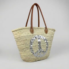 Sequin Peace Sign Straw Market Tote Bag Leather Handles