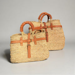 Woven Straw Market Basket Bag Leather Crossbody Tote