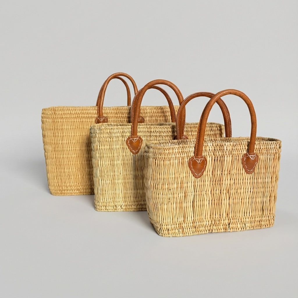Rectangular Straw Market Bag with Leather Handles - Woven Beach Tote