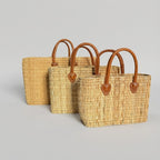 Rectangular Straw Market Bag with Leather Handles - Woven Beach Tote