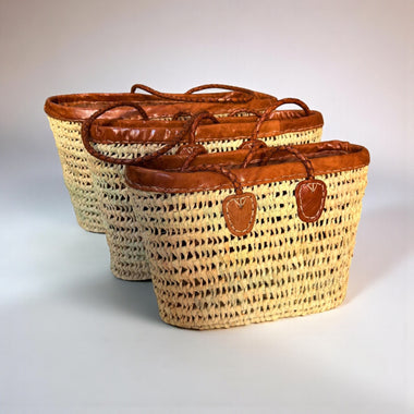 Raffia Tote – Woven Straw Basket Bag with Real Leather Trim