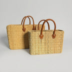 Rectangular Straw Market Bag with Leather Handles - Woven Beach Tote