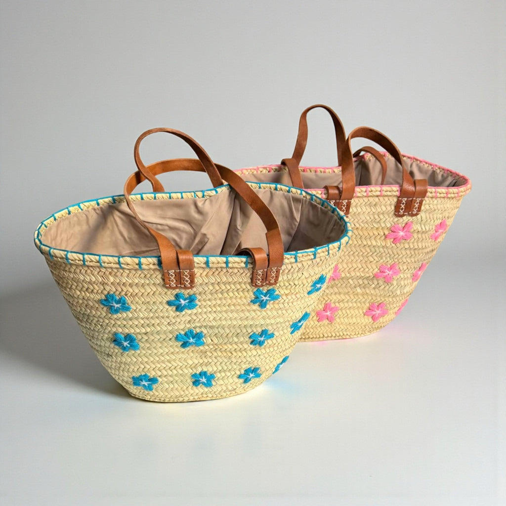 Embroidered Straw Tote Bag Floral Market Basket Leather Handles