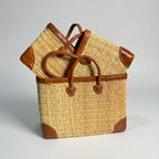 French Market Basket with Leather Handles - Woven Straw Tote Bag