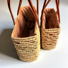 Staw Market Basket Tote – Woven Palm Leaves, Leather Handles