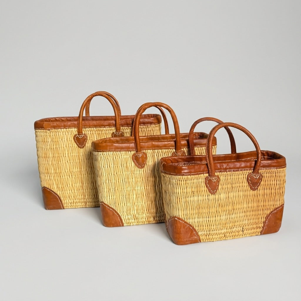 French Market Basket with Leather Handles - Woven Straw Tote Bag