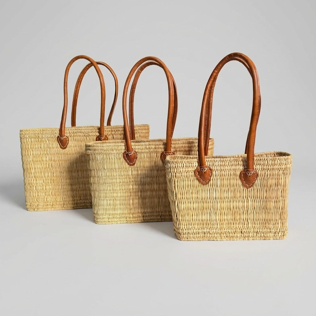 Classic Straw Basket Bag - Tote with Genuine Leather Handles