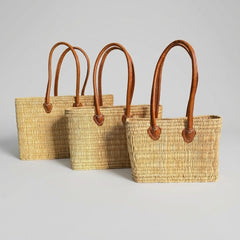 Classic Straw Basket Bag - Tote with Genuine Leather Handles