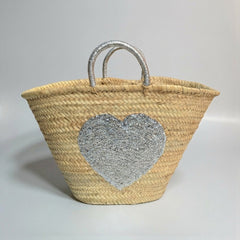 Sequin Heart Straw Beach Tote | Glamorous Glitter Handle Summer Bag