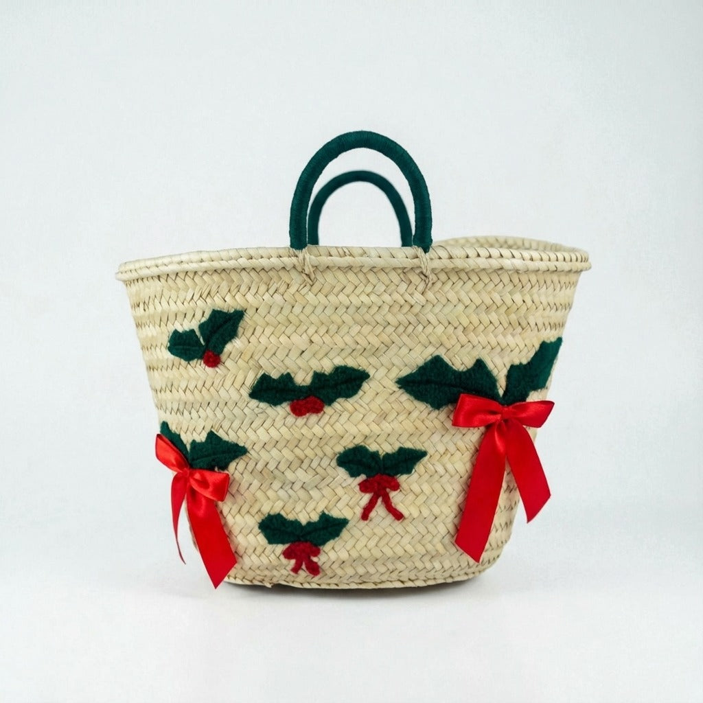 Festive Holly & Bow Straw Tote Bag - Christmas Market Basket