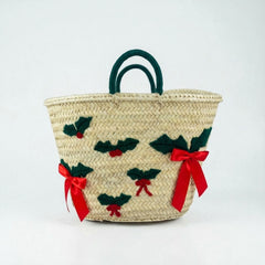 Festive Holly & Bow Straw Tote Bag - Christmas Market Basket