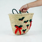 Christmas Holly Straw Tote Bag - Woven Holiday Market Basket