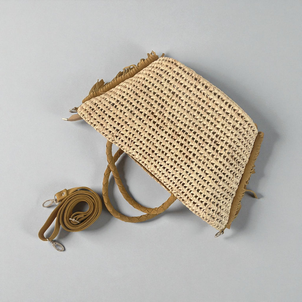Boho Woven Straw Tote Bag with Suede Fringe & Detachable Strap