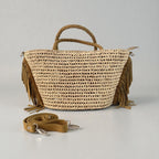 Boho Woven Straw Tote Bag with Suede Fringe & Detachable Strap