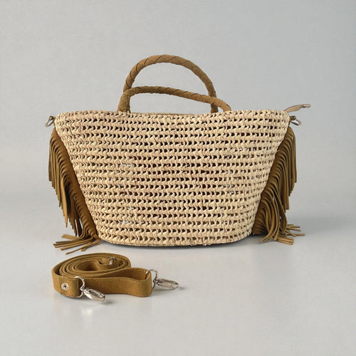 Boho Woven Straw Tote Bag with Suede Fringe & Detachable Strap