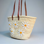 Daisy Straw Tote Bag Handwoven Floral Market Basket