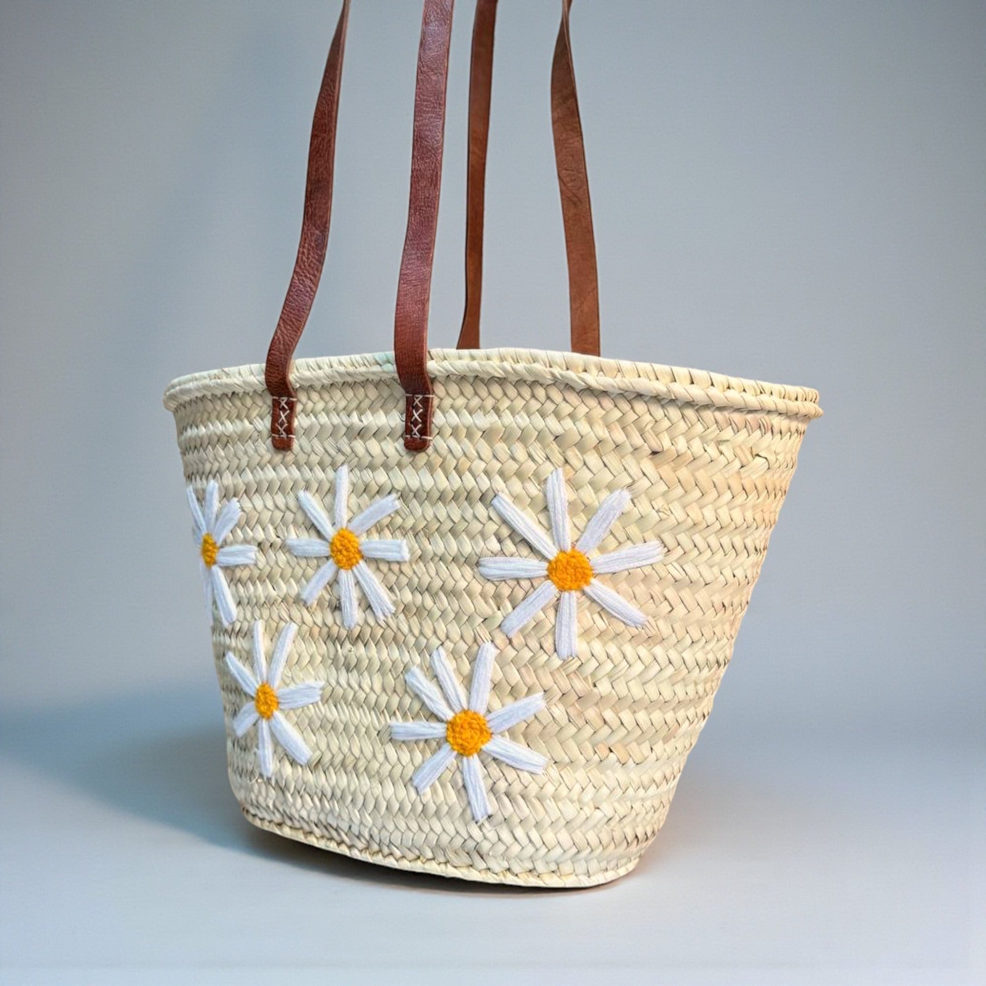 Daisy Straw Tote Bag Handwoven Floral Market Basket