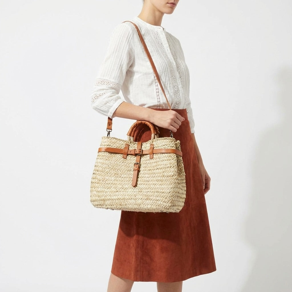 Woven Straw Tote Bag with Leather Handles & Strap - Summer Basket
