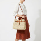 Woven Straw Tote Bag with Leather Handles & Strap - Summer Basket
