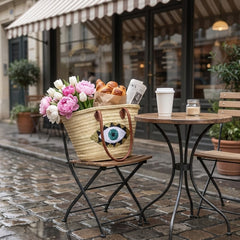 Evil Eye Straw Beach Bag with Leather Handles - Sequin Summer Tote