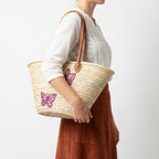 Butterfly Straw Tote Bag French Market Basket Double Leather Handles