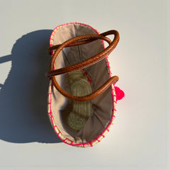 Handwoven Pink Arabesque Straw Tote Bag with Leather Handles & Pom Pom | Bohemian Beach Market Bag