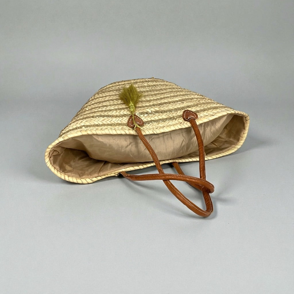 Gold Sequin Straw Tote - Handmade French Market Basket Leather Handles