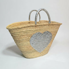 Sequin Heart Straw Beach Tote | Glamorous Glitter Handle Summer Bag