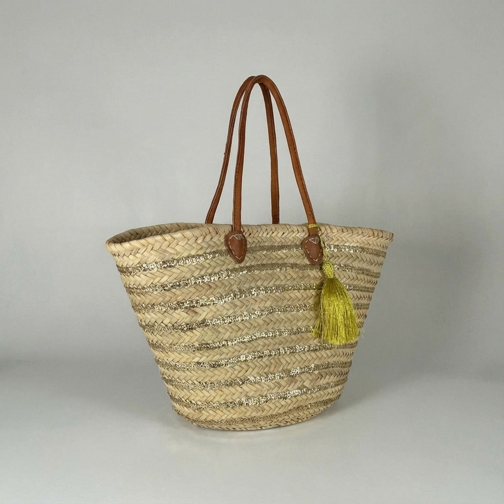 Gold Sequin Straw Market Basket Tote Leather Handles