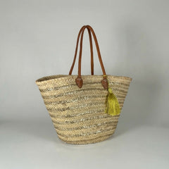 Gold Sequin Straw Market Basket Tote Leather Handles