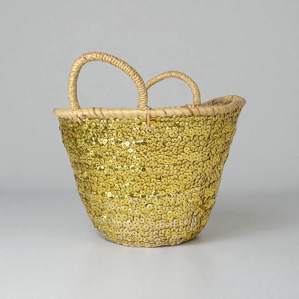 Sequin Straw Basket Mini Tote - Handmade Woven Gift Bag
