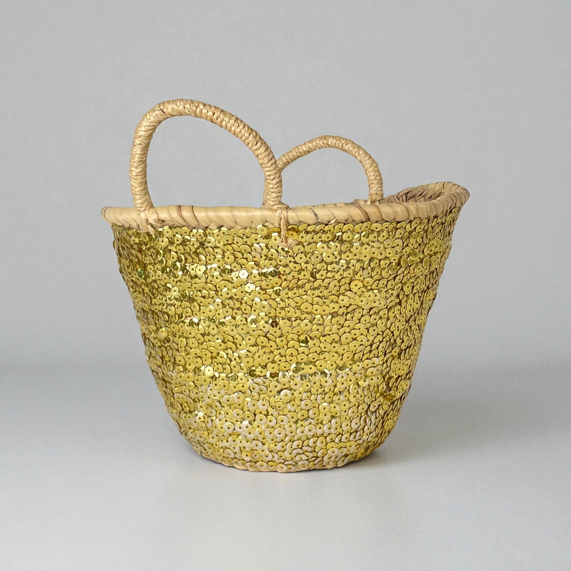 Sequin Straw Basket Mini Tote - Handmade Woven Gift Bag
