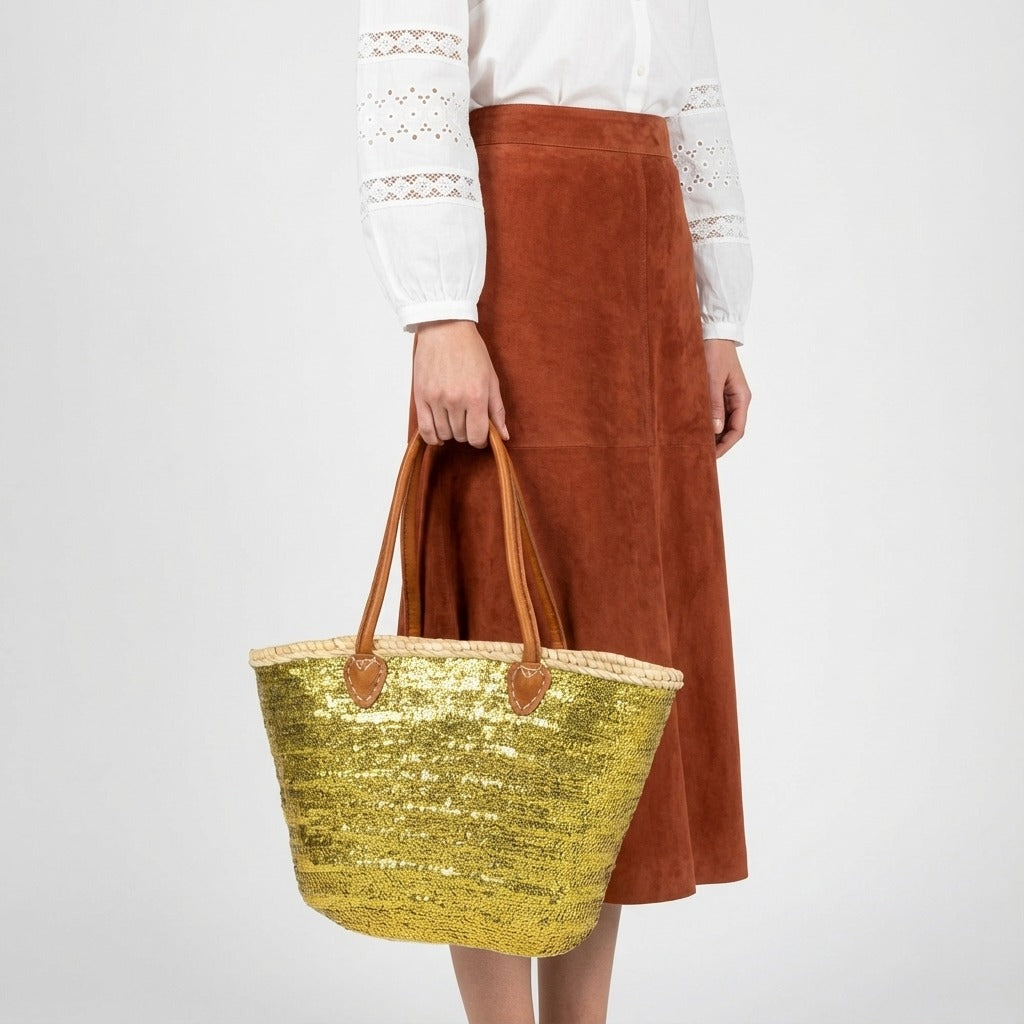 Sequin Straw Tote Bag with Leather Handles - Large Beach Basket