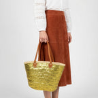 Sequin Straw Tote Bag with Leather Handles - Large Beach Basket