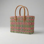 Handmade Reed Market Basket Tote with Leather Handles