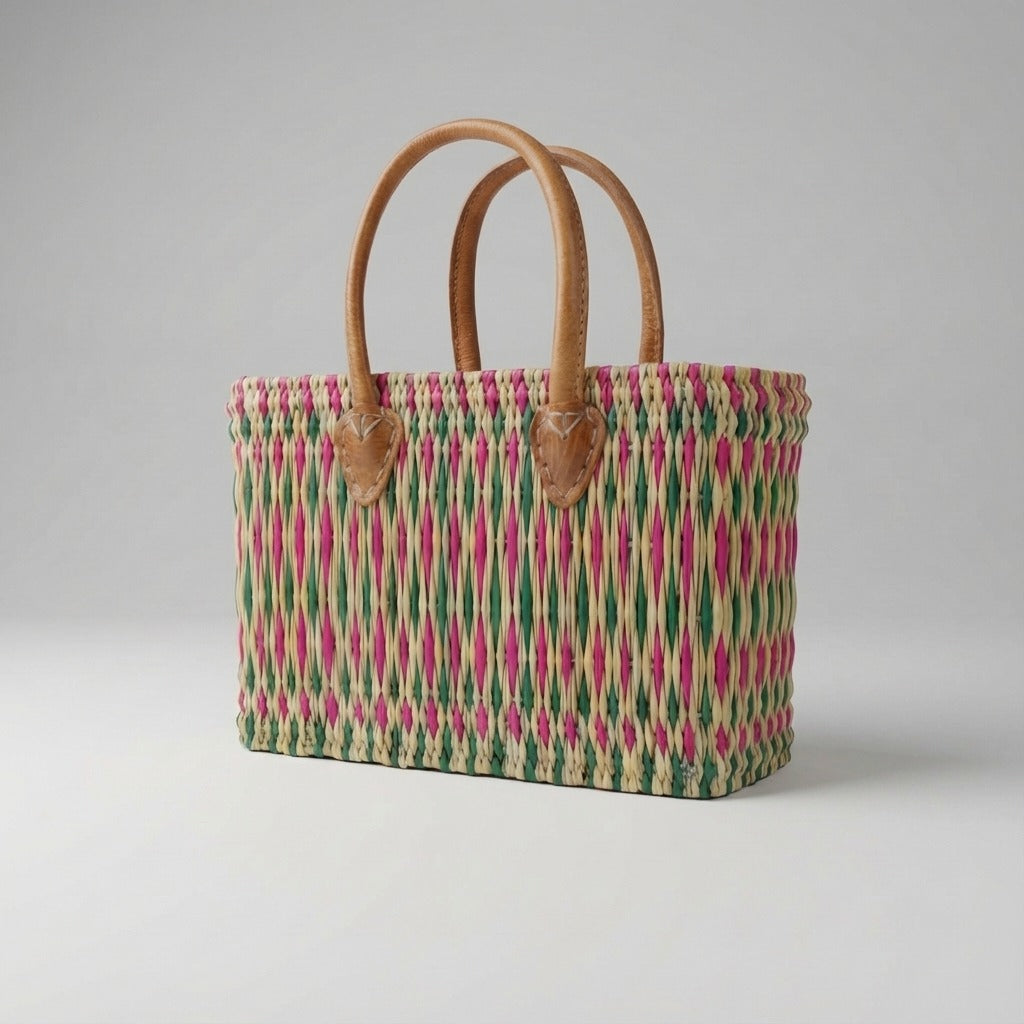 Handmade Reed Market Basket Tote with Leather Handles