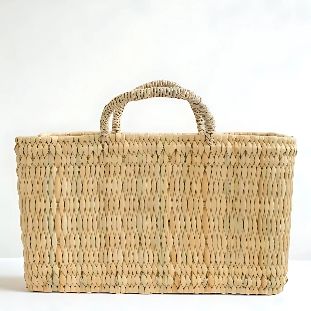 Woven Reed Storage Basket with Handles - Natural Rectangular Organizer