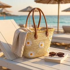 Daisy Embroidered Straw Beach Bag - Summer Woven Tote
