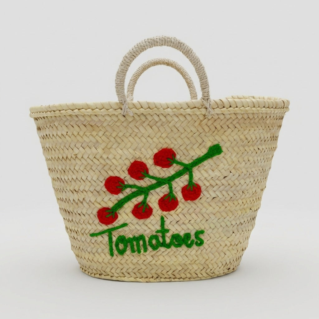 Tomato Embroidered Straw Basket - Handmade Woven Market Tote Bag
