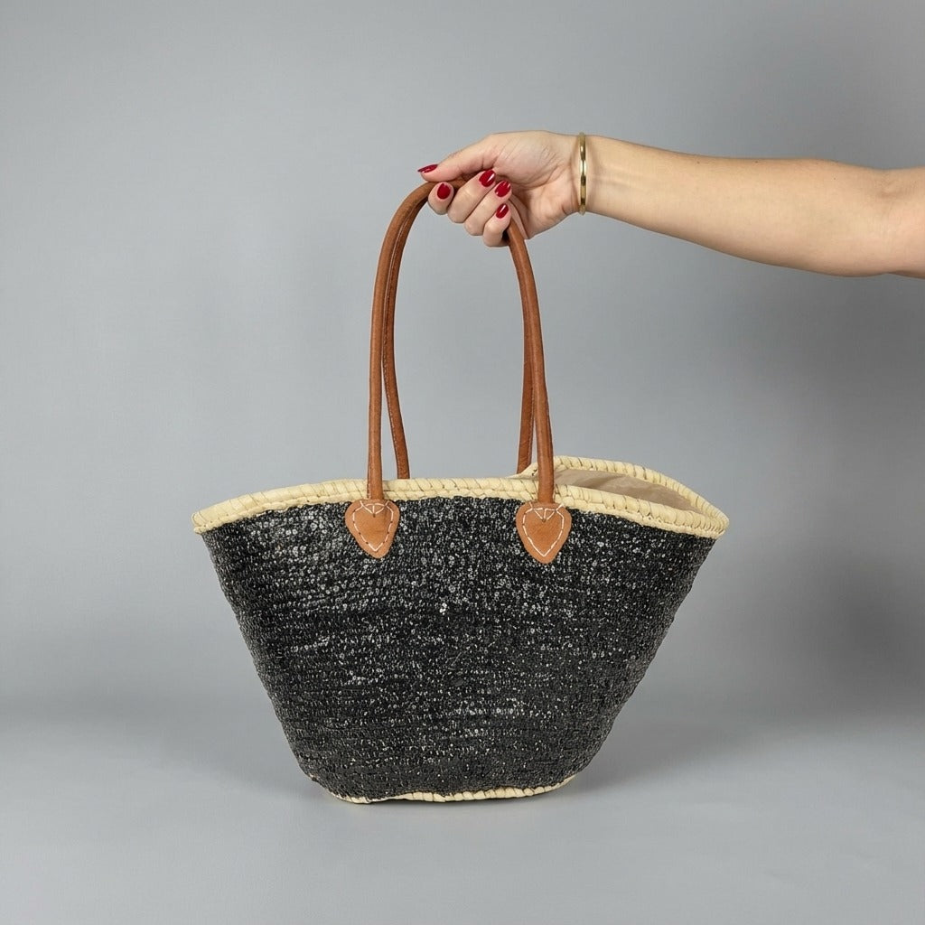 Sequin Straw Tote Bag with Leather Handles - Large Beach Basket