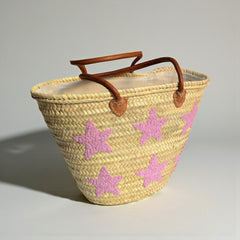 Pink Star Embroidered Straw Tote Bag - Summer Beach & Market Carryall