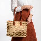 Woven Straw Tote Bag with Leather Handles Summer Beach Market Basket