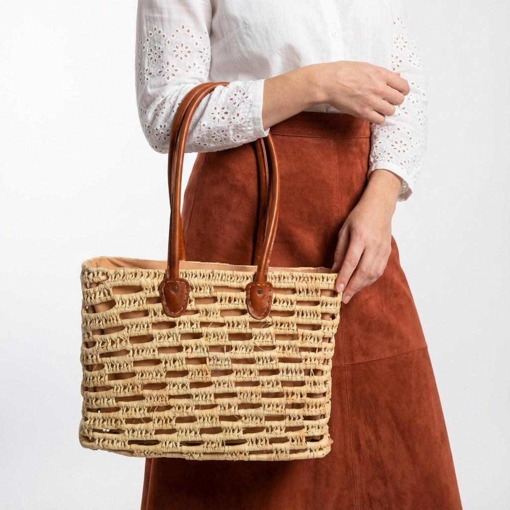 Woven Straw Tote Bag with Leather Handles Summer Beach Market Basket